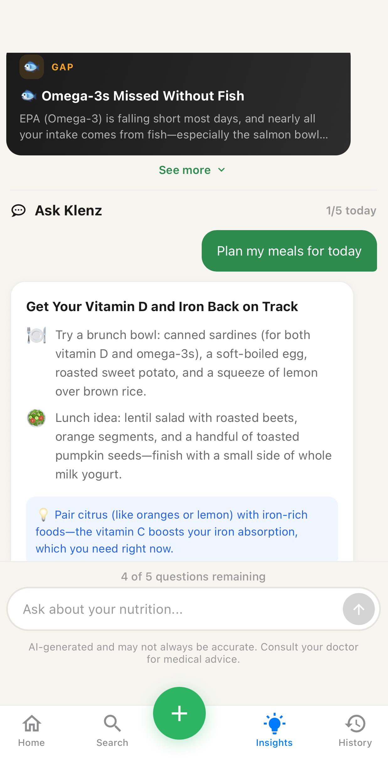 Ask Klenz AI nutrition assistant answering personalized diet questions