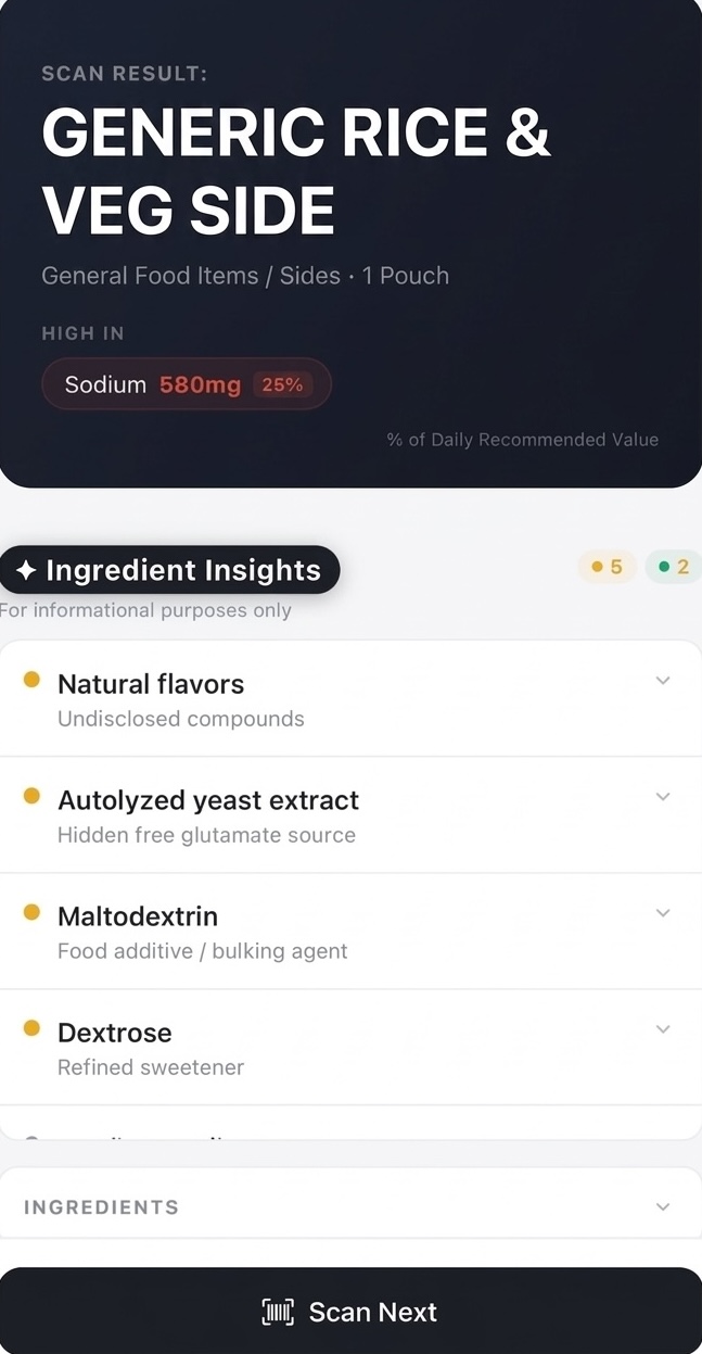Barcode scanning feature showing instant nutrition, ingredient insights, and additive markers for a packaged food