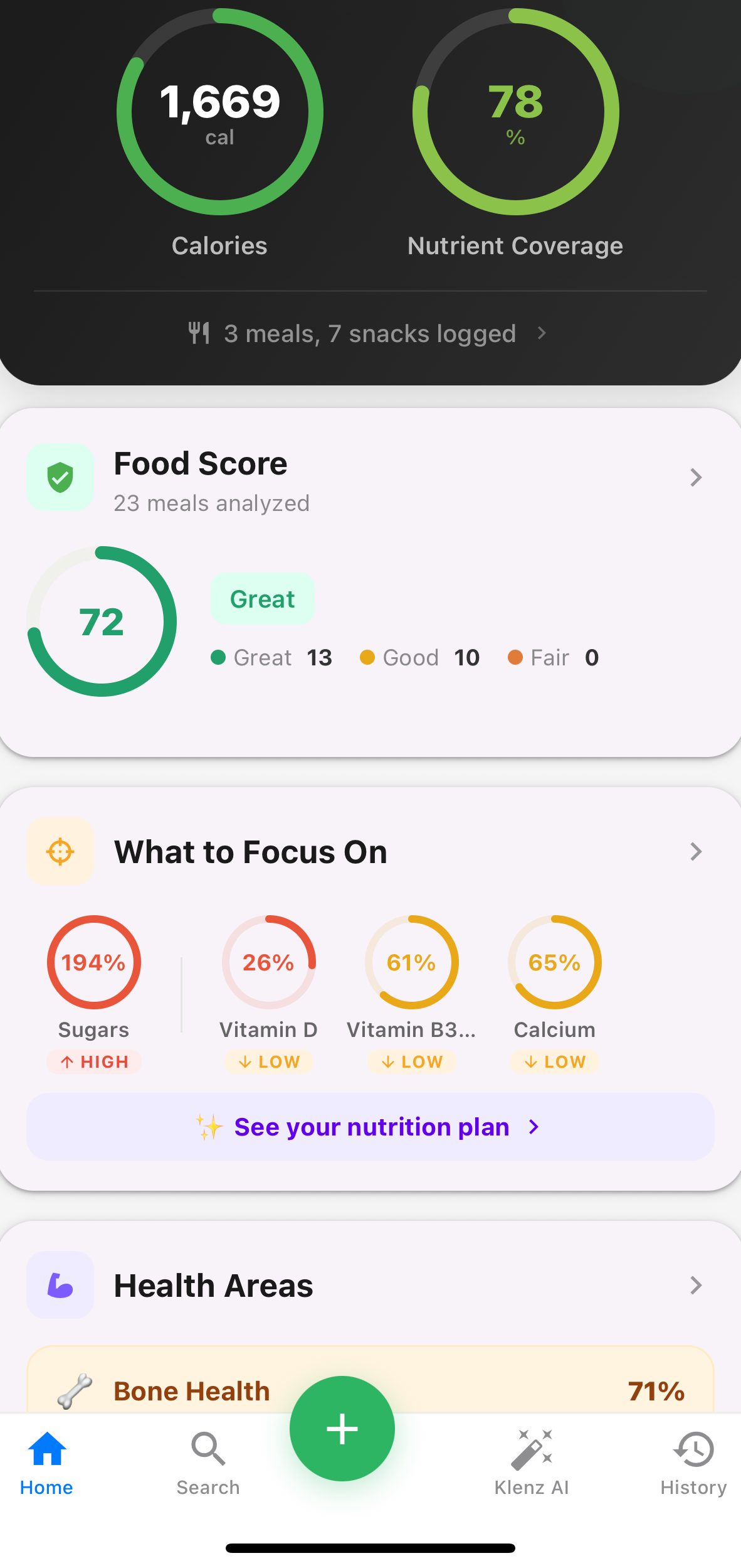 Klenz home screen showing daily nutrition summary, health score, and Klenz Score