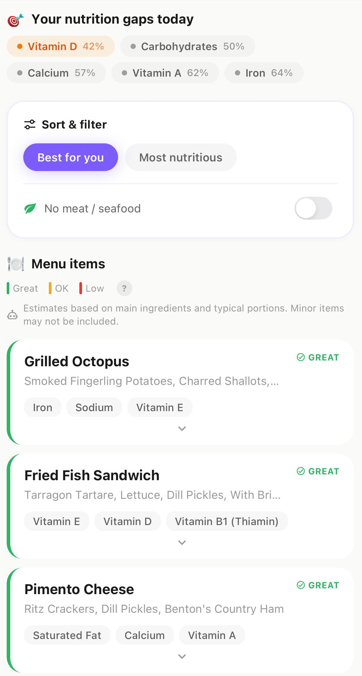 Restaurant menu scanning feature showing personalized meal recommendations based on nutritional gaps