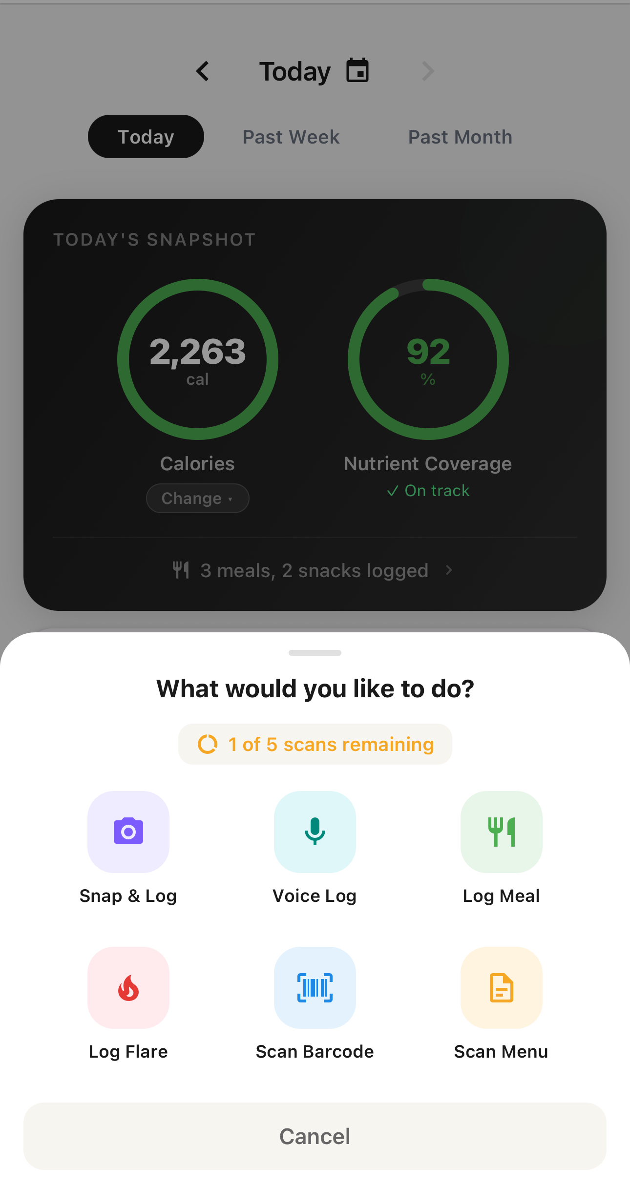 Log meals by photo, voice, or manual entry with AI-powered food recognition